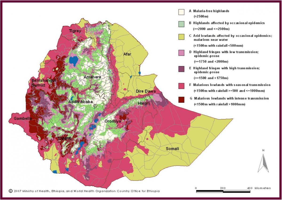 mapa Etiopii malarii