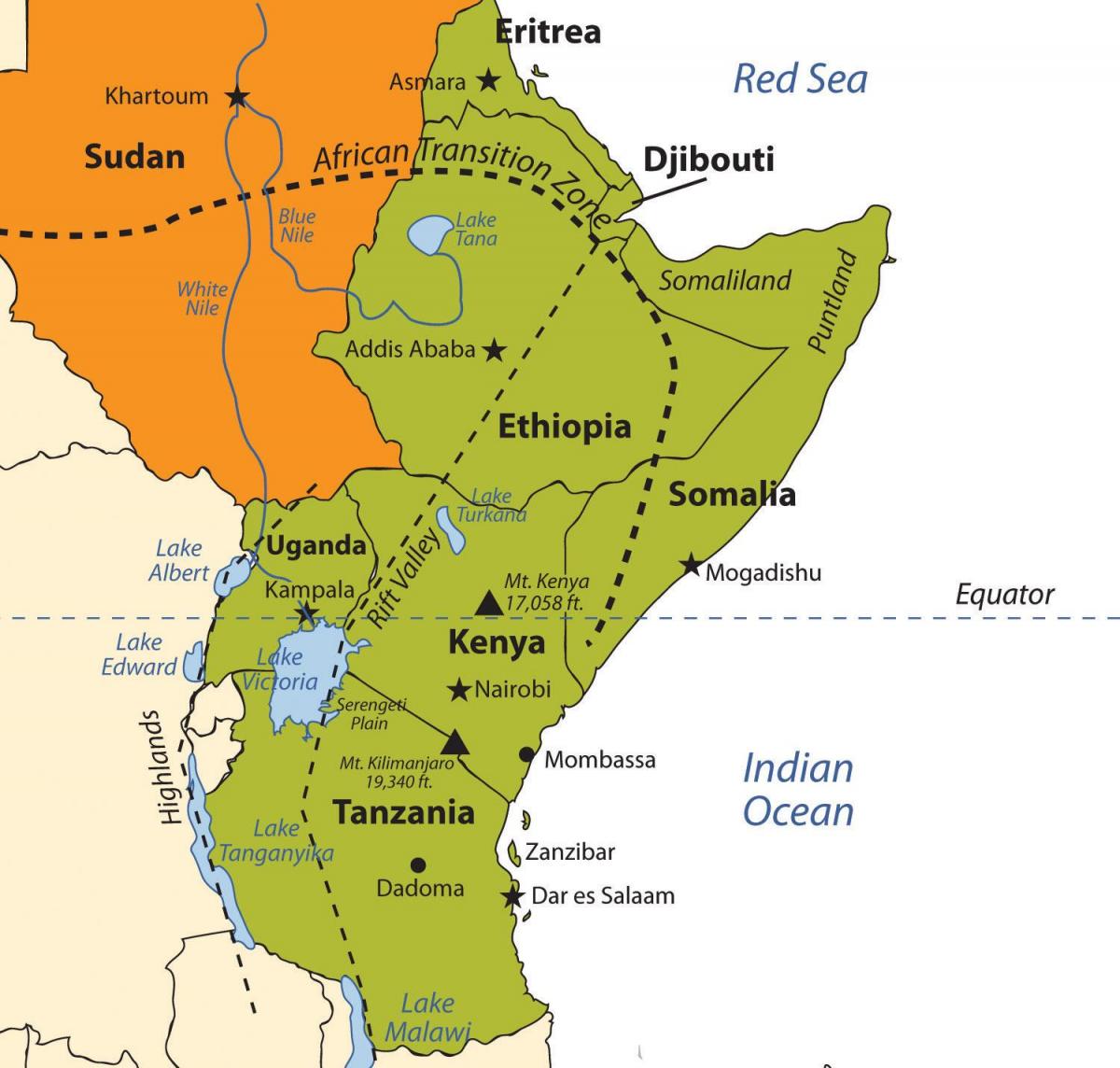 mapa Etiopii, Afryki plateau 