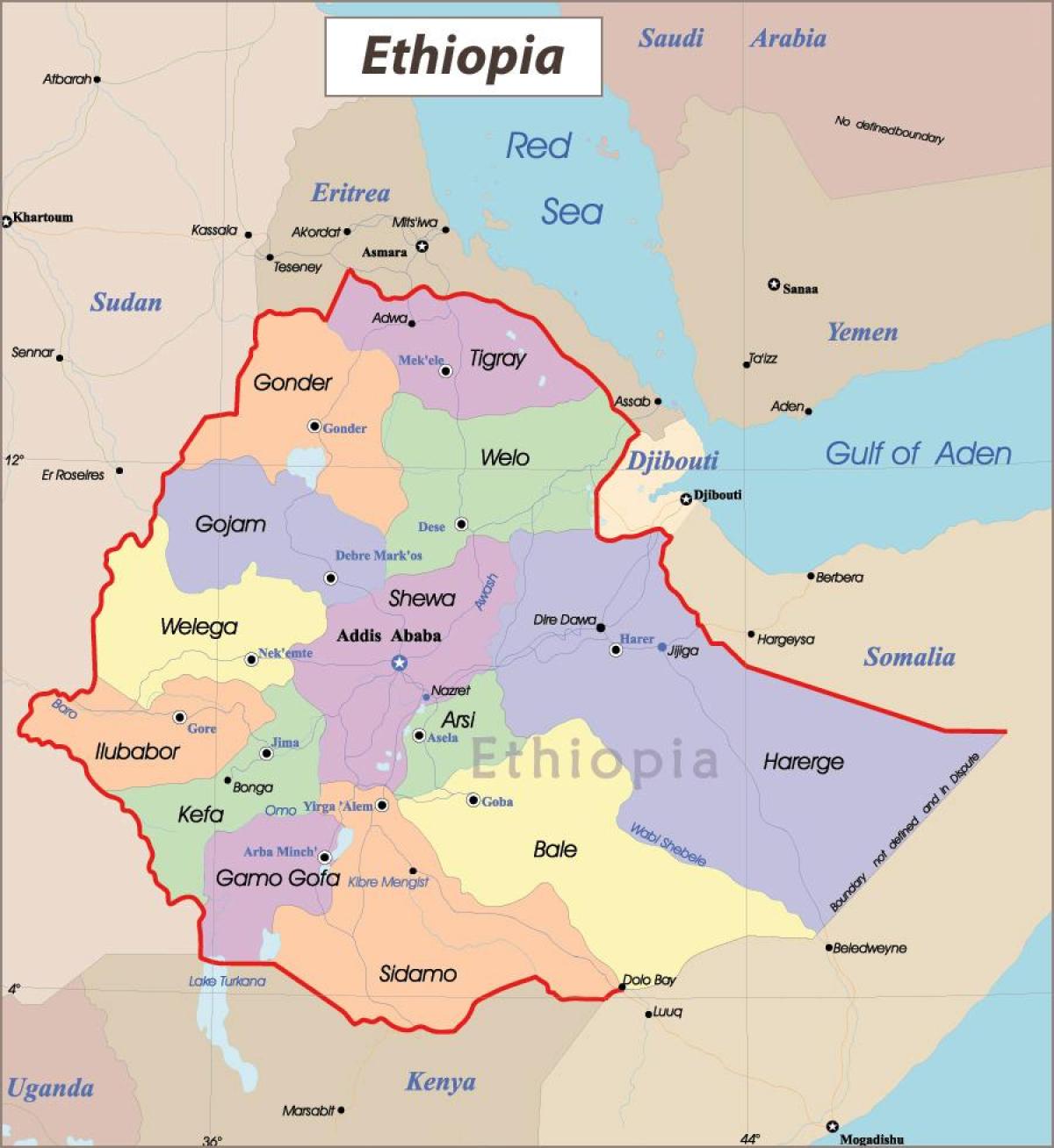 Etiopia mapa z miastami